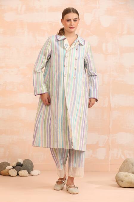 Buy_Dhaari_Blue Handloom Cotton, Silk Collared Striped Handwoven Jacket Pant Set 