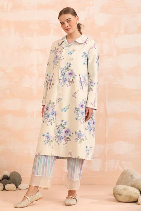 Shop_Dhaari_Blue Handloom Cotton, Silk Collared Striped Handwoven Jacket Pant Set 