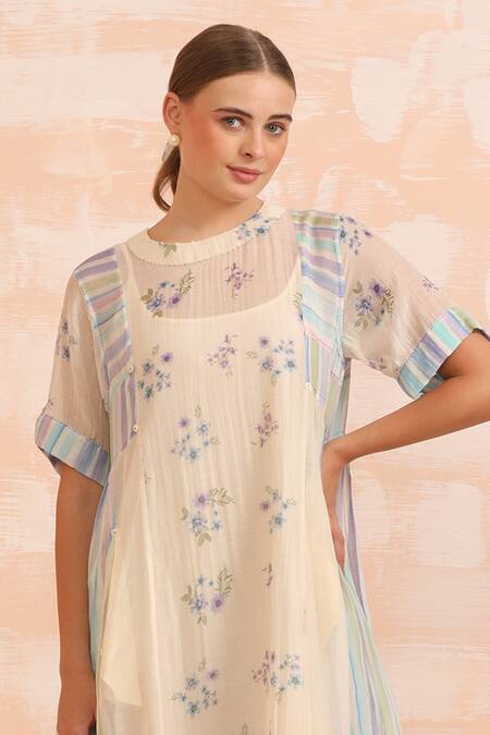 Dhaari_Blue Handloom Cotton Embroidery Round Neck Hand Painted Midi Dress And Slip _Online_at_Aza_Fashions