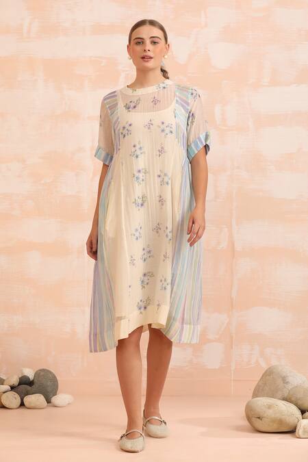 Buy_Dhaari_Blue Handloom Cotton Embroidery Round Neck Hand Painted Midi Dress And Slip _Online_at_Aza_Fashions