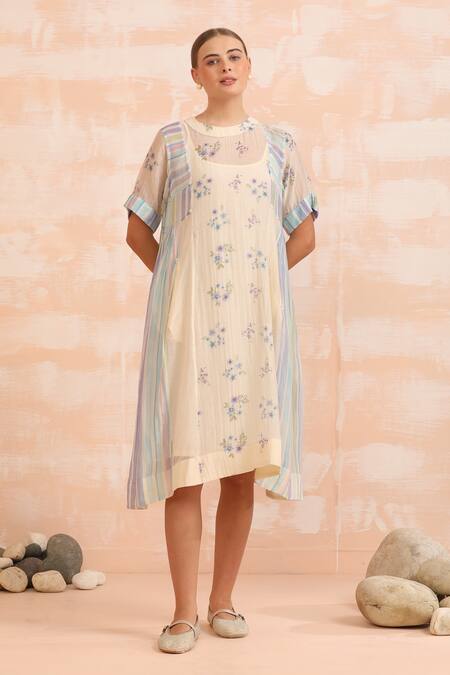 Shop_Dhaari_Blue Handloom Cotton Embroidery Round Neck Hand Painted Midi Dress And Slip _Online_at_Aza_Fashions