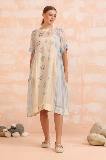 Dhaari_Blue Handloom Cotton Embroidery Round Neck Hand Painted Midi Dress And Slip _at_Aza_Fashions