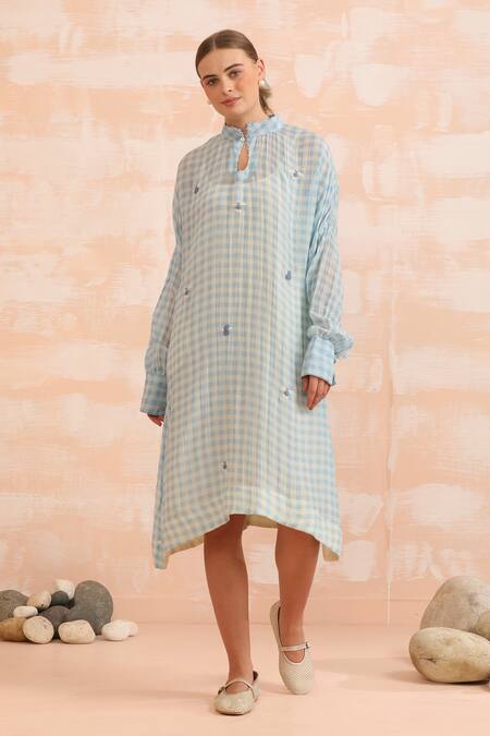 Dhaari_Blue Handloom Cotton Collared Hand Painted Silk Midi Dress _Online_at_Aza_Fashions