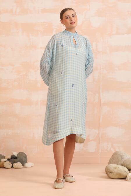 Buy_Dhaari_Blue Handloom Cotton Collared Hand Painted Silk Midi Dress _Online_at_Aza_Fashions