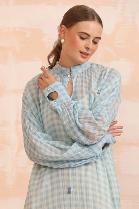 Shop_Dhaari_Blue Handloom Cotton Collared Hand Painted Silk Midi Dress _Online_at_Aza_Fashions