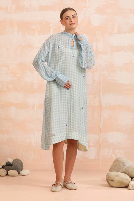 Dhaari_Blue Handloom Cotton Collared Hand Painted Silk Midi Dress _at_Aza_Fashions