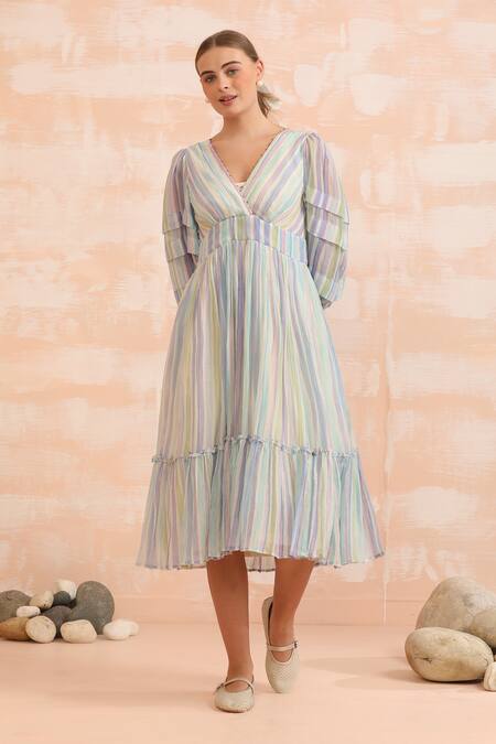 Dhaari_Blue Handloom Cotton, Silk V-neck Hand Painted Flare Midi Dress _Online_at_Aza_Fashions