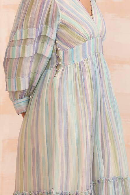 Dhaari_Blue Handloom Cotton, Silk V-neck Hand Painted Flare Midi Dress _at_Aza_Fashions