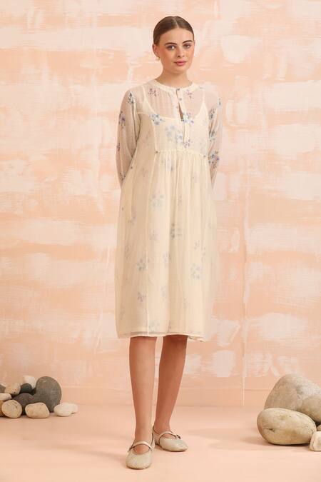 Dhaari_Beige Handloom Cotton Round Neck Hand Painted Silk Dress Set _Online_at_Aza_Fashions