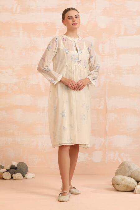 Buy_Dhaari_Beige Handloom Cotton Round Neck Hand Painted Silk Dress Set _Online_at_Aza_Fashions