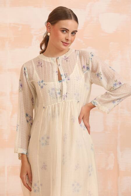 Shop_Dhaari_Beige Handloom Cotton Round Neck Hand Painted Silk Dress Set _Online_at_Aza_Fashions