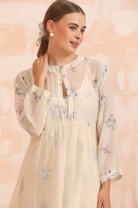 Dhaari_Beige Handloom Cotton Round Neck Hand Painted Silk Dress Set _at_Aza_Fashions