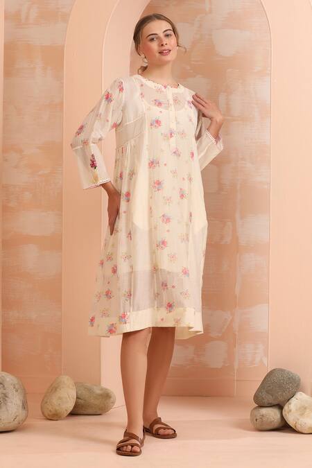 Dhaari_Pink Handloom Cotton Embroidery Round Neck Hand Painted Silk Midi Dress _Online_at_Aza_Fashions