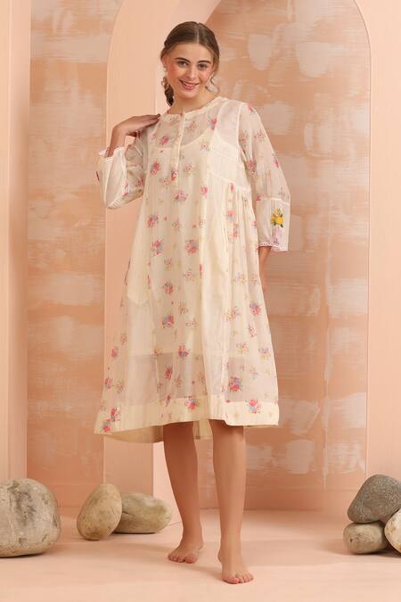 Buy_Dhaari_Pink Handloom Cotton Embroidery Round Neck Hand Painted Silk Midi Dress _Online_at_Aza_Fashions