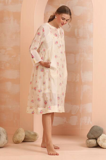 Shop_Dhaari_Pink Handloom Cotton Embroidery Round Neck Hand Painted Silk Midi Dress _Online_at_Aza_Fashions