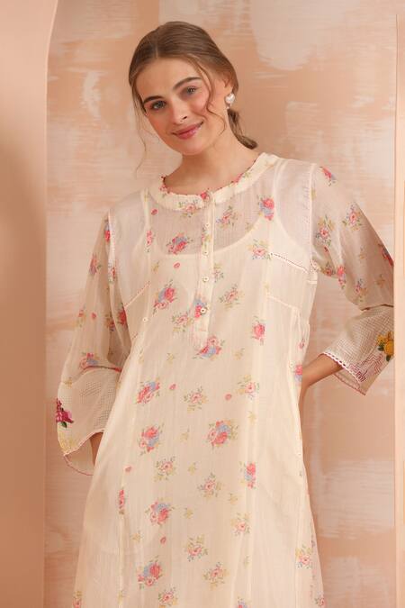 Dhaari_Pink Handloom Cotton Embroidery Round Neck Hand Painted Silk Midi Dress _at_Aza_Fashions