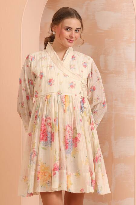 Dhaari_Pink Handloom Cotton, Silk V-neck Floral Hand Painted Flare Dress _Online_at_Aza_Fashions