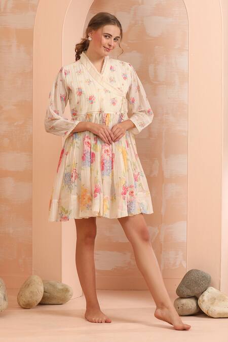 Buy_Dhaari_Pink Handloom Cotton, Silk V-neck Floral Hand Painted Flare Dress _Online_at_Aza_Fashions