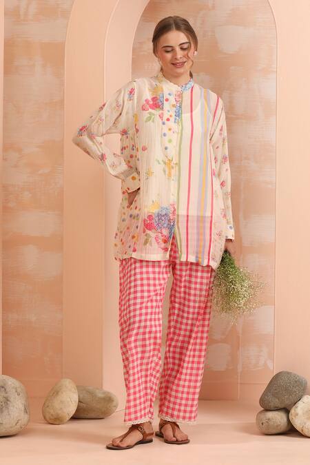 Shop_Dhaari_Pink Handloom Cotton, Silk Embroidery Mandarin Hand Painted Top With Slip _Online_at_Aza_Fashions