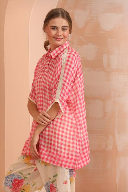 Buy_Dhaari_Pink Handloom Cotton Collared Gingham Check Top And Floral Slip Set _Online_at_Aza_Fashions