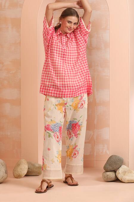 Dhaari_Pink Handloom Cotton Collared Gingham Check Top And Floral Slip Set _at_Aza_Fashions