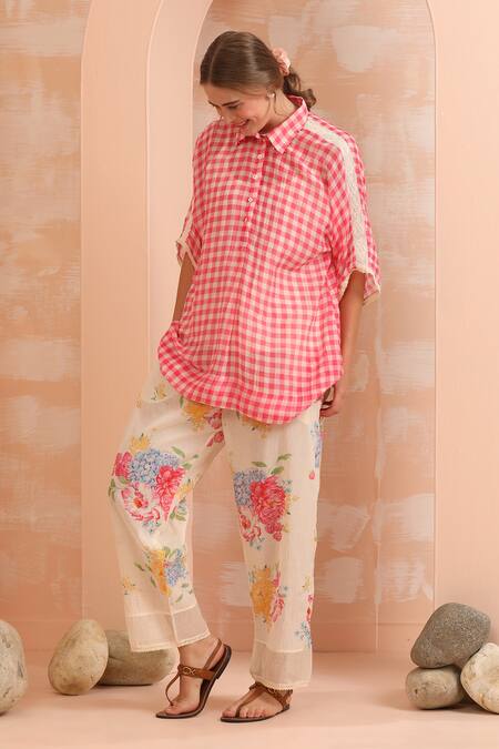 Buy_Dhaari_Pink Handloom Cotton Collared Gingham Check Top And Floral Slip Set 