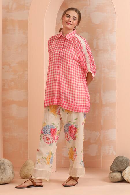 Dhaari_Pink Handloom , Silk, Embroidery Gingham Check Handwoven Pant Set _Online_at_Aza_Fashions
