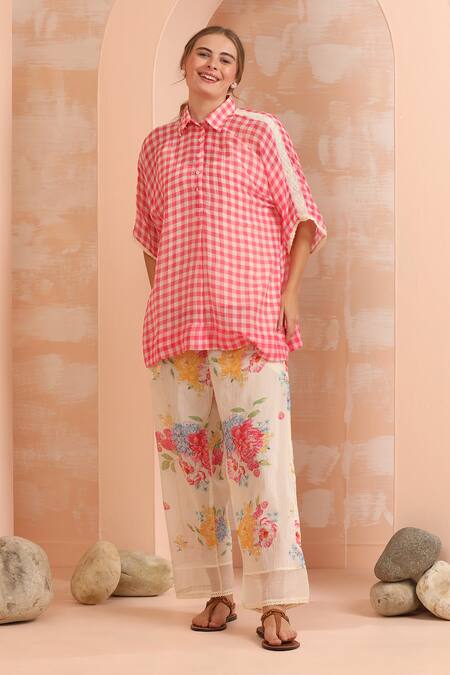 Buy_Dhaari_Pink Handloom , Silk, Embroidery Gingham Check Handwoven Pant Set _Online_at_Aza_Fashions
