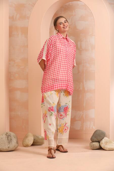 Shop_Dhaari_Pink Handloom , Silk, Embroidery Gingham Check Handwoven Pant Set _Online_at_Aza_Fashions