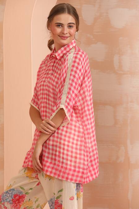 Buy_Dhaari_Pink Handloom , Silk, Embroidery Gingham Check Handwoven Pant Set 