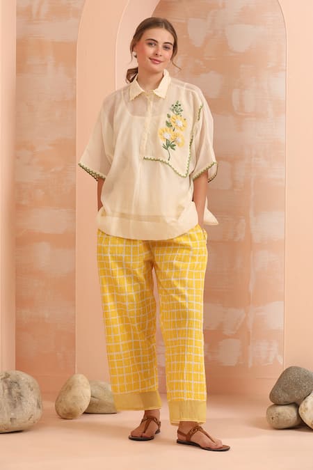 Shop_Dhaari_Off White , Silk, Handloom Embroidery Collared Hand Pant Set _Online_at_Aza_Fashions