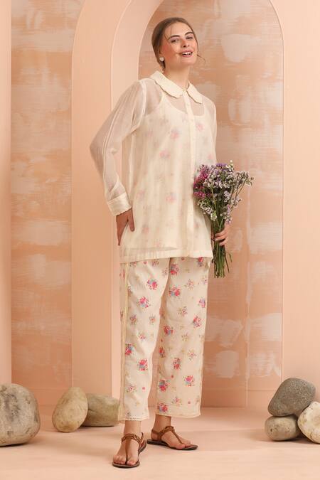 Shop_Dhaari_Off White Handloom Cotton, Silk Embroidery Hand Painted Top And Slip Set _Online_at_Aza_Fashions