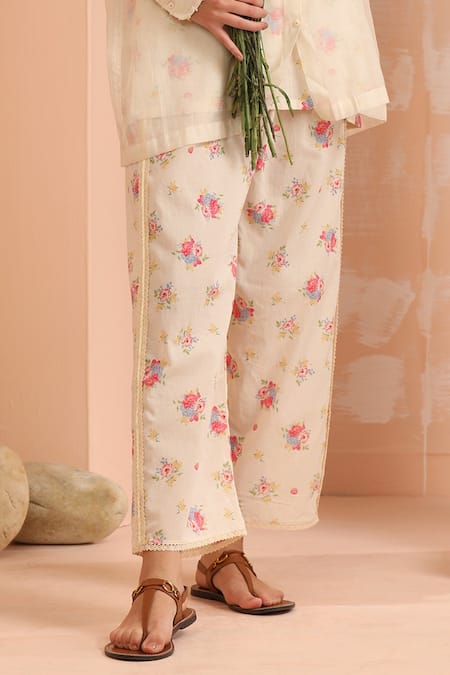 Dhaari_Off White Cotton, Silk Embroidery Round Neck Hand Painted Pink And Shirt Pant Set _Online_at_Aza_Fashions