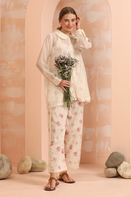 Buy_Dhaari_Off White Cotton, Silk Embroidery Round Neck Hand Painted Pink And Shirt Pant Set _Online_at_Aza_Fashions
