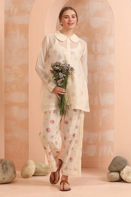 Buy_Dhaari_Off White Cotton, Silk Embroidery Round Neck Hand Painted Pink And Shirt Pant Set 