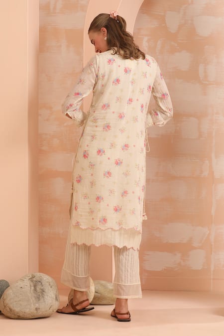 Shop_Dhaari_Off White Handloom Cotton, Silk Embroidery Round Neck Hand Painted Tunic _at_Aza_Fashions