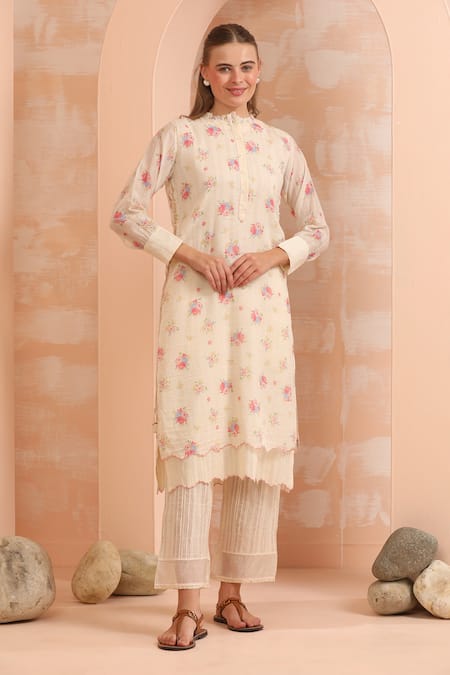 Shop_Dhaari_Off White Handloom Cotton, Silk Embroidery Round Neck Hand Painted Tunic _Online_at_Aza_Fashions