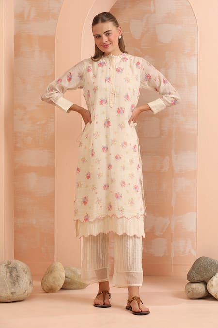 Shop_Dhaari_Off White Handloom Cotton, Silk Embroidery Round Neck Hand Painted Tunic 