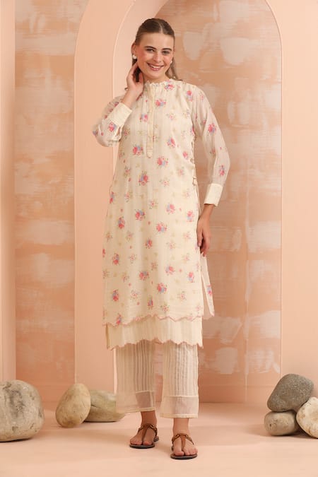 Dhaari_Pink Handloom Cotton, Silk Embroidery Round Neck Floral Hand Painted Kurta Set _Online_at_Aza_Fashions