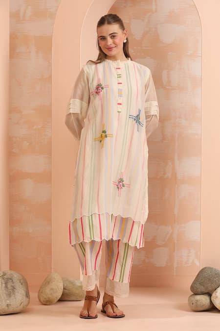 Buy_Dhaari_Pink Handloom Cotton, Silk Embroidery Open Neck Hand And Offwhite Tunic _Online_at_Aza_Fashions