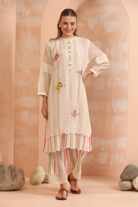 Shop_Dhaari_Pink Handloom Cotton, Silk Embroidery Open Neck Hand And Offwhite Tunic _Online_at_Aza_Fashions