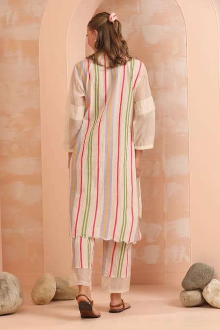 Shop_Dhaari_Pink Handloom Cotton, Silk Embroidery Open Neck Hand And Offwhite Tunic _at_Aza_Fashions