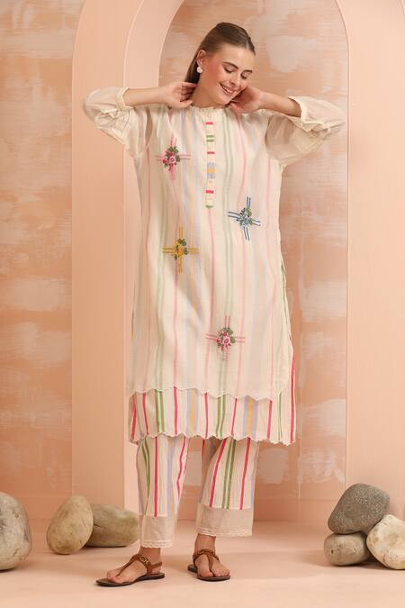 Buy_Dhaari_Pink Handloom Cotton, Silk Embroidery Open Neck Hand And Offwhite Tunic 