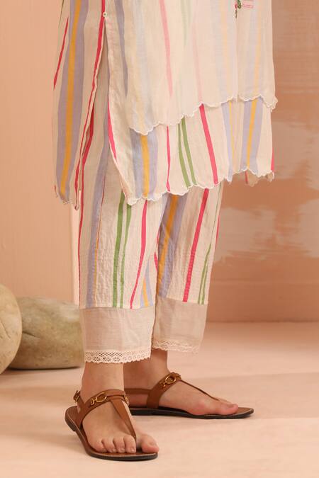 Shop_Dhaari_Pink Handloom Cotton, Silk Embroidery Open Neck Hand And Offwhite Kurta Set _Online_at_Aza_Fashions