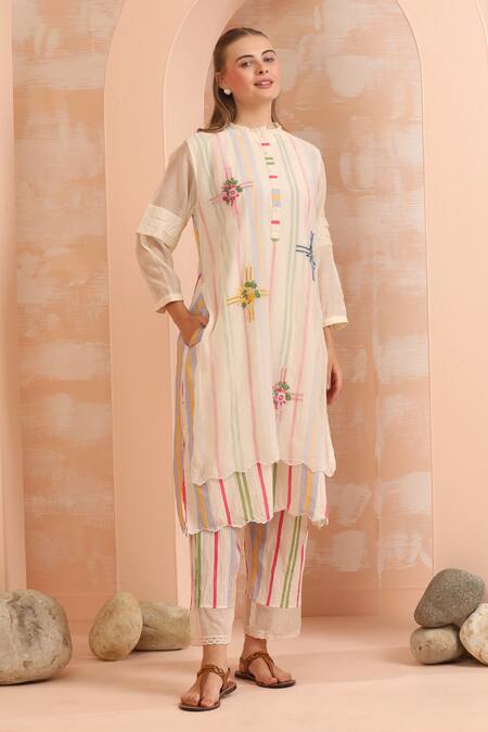 Shop_Dhaari_Pink Handloom Cotton, Silk Embroidery Open Neck Hand And Offwhite Kurta Set 