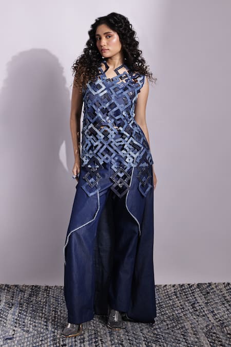 Devina Juneja_Blue Denim Embroidery Asymmetric Shaded Applique Aurora Top _Online_at_Aza_Fashions