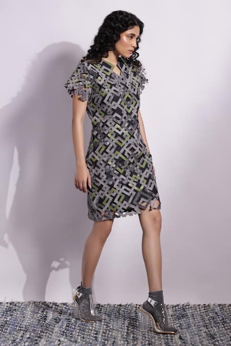 Devina Juneja Shaded Grey Applique Aurora Dress 
