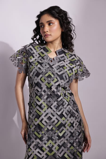 Buy_Devina Juneja_Gray Denim Embroidery Asymmetric Shaded Grey Applique Aurora Dress _Online_at_Aza_Fashions