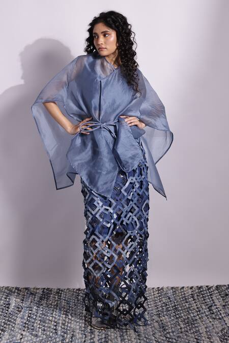 Devina Juneja_Navy Organza, Denim Round Neck Aurora Drape And Crop _Online_at_Aza_Fashions