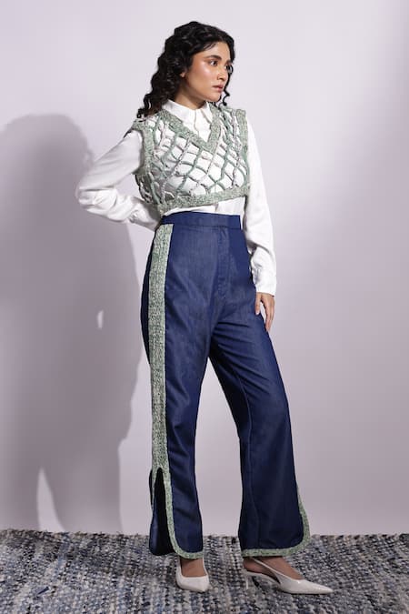 Shop Devina Juneja Green V-neck Hand Knotted Vest at Aza Fashions Shop_Devina Juneja_Green V-neck Hand Knotted Vest _at_Aza_Fashions